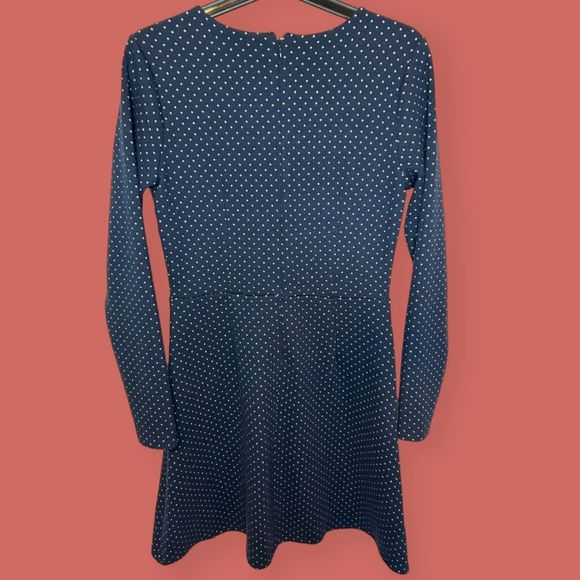🔵 LOFT POLKA DOT JACQUARD LONG SLEEVE FIT&FLARE SKATER DRESS BLUE SIZE 2 - Picture 3 of 5